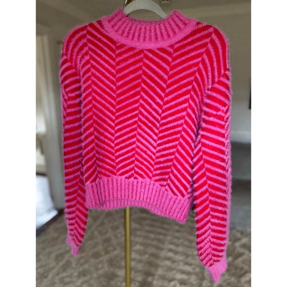 Sugar + Lips Chevron Sweater Hot Pink Red Cozy Knit Buttery Soft Modern Trendy - Picture 2 of 7